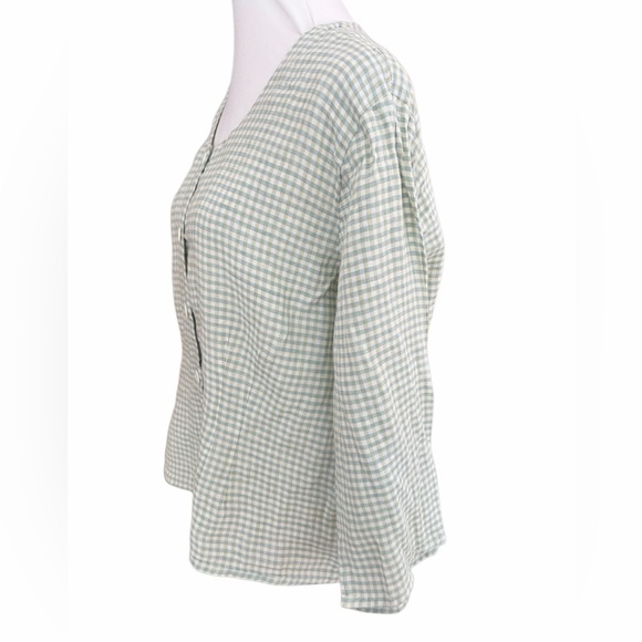 Flax 100% linen Light Green/cream  Gingham Button front Shirt size Medium. - Picture 3 of 5